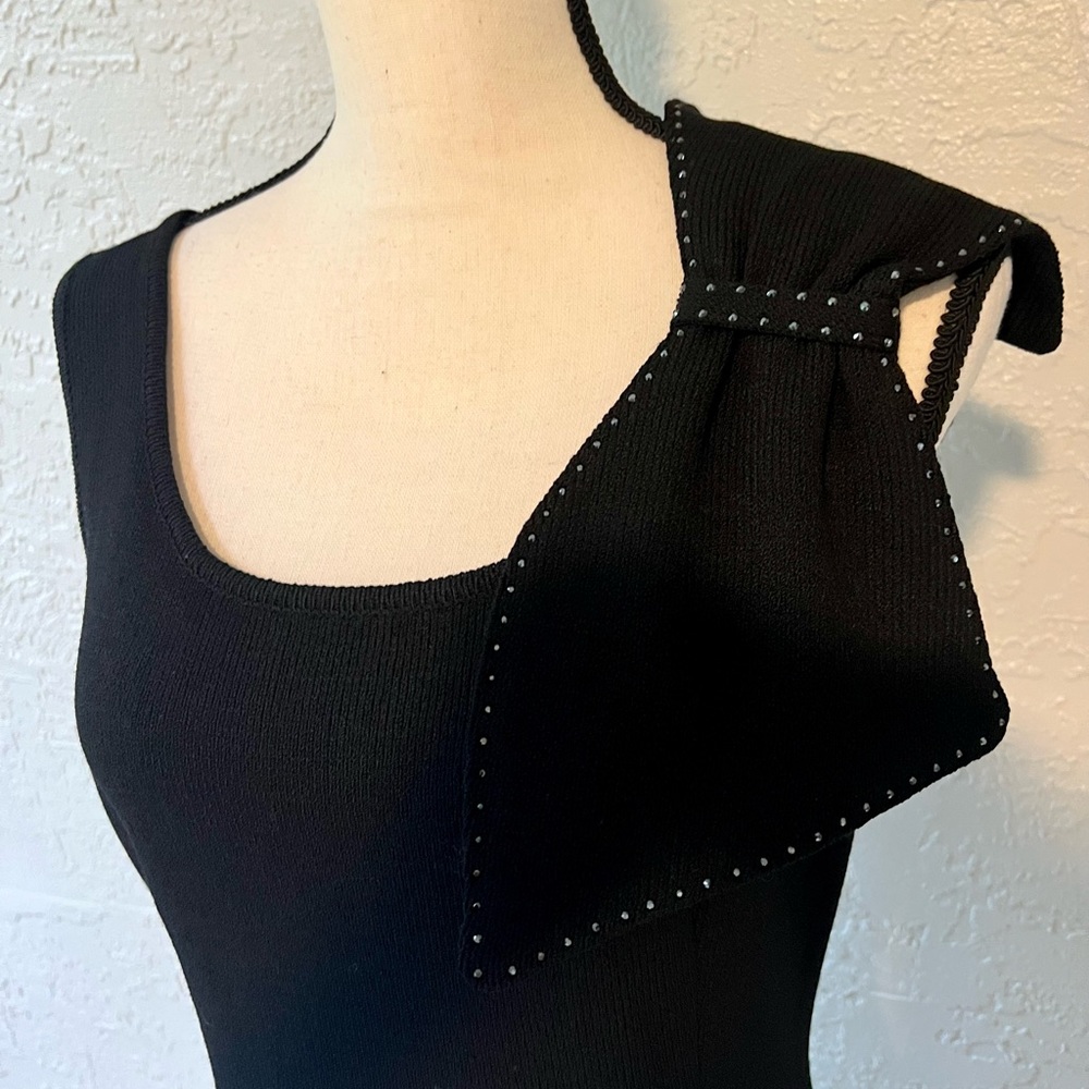 ELANA Black sleeveless knit dress with black shoulder bow with rhinestones. - Picture 3 of 6